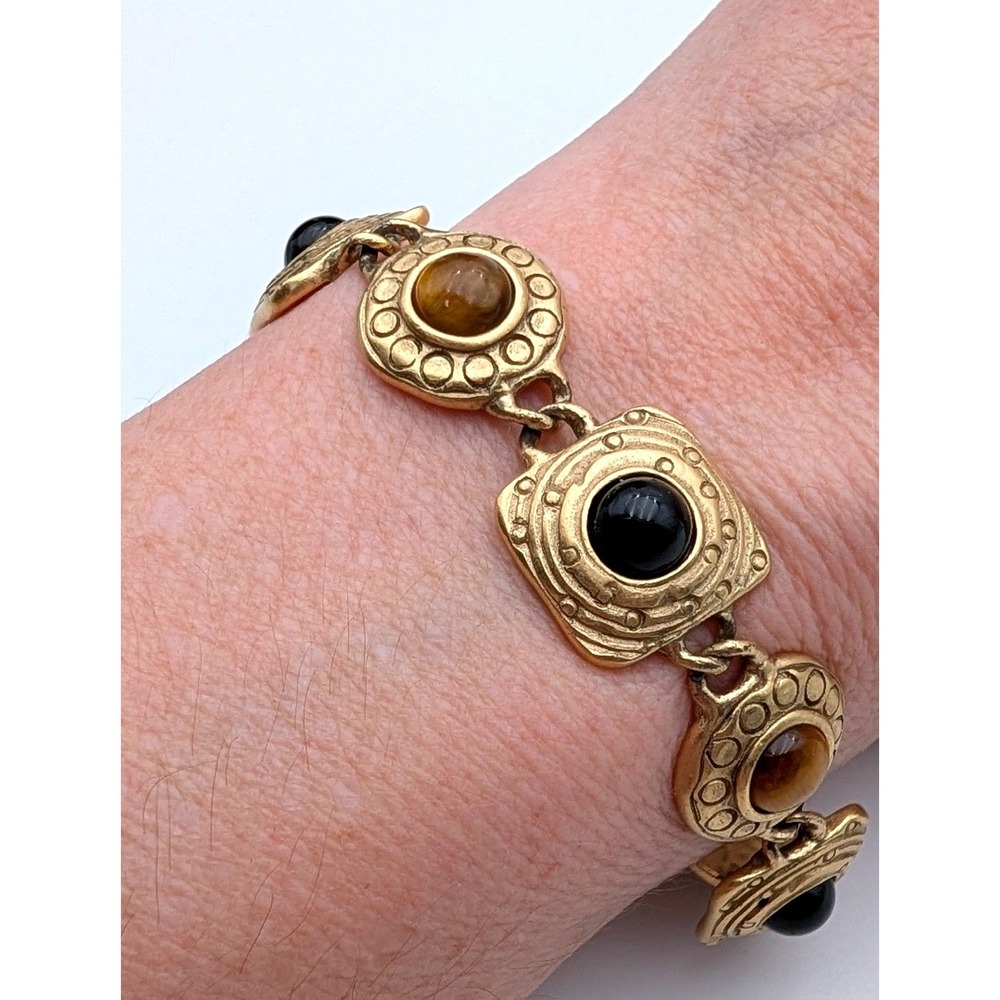 Vintage Gold Tone Tiger Eye Black Onyx Cabochon Link Toggle Bracelet 9 Inch